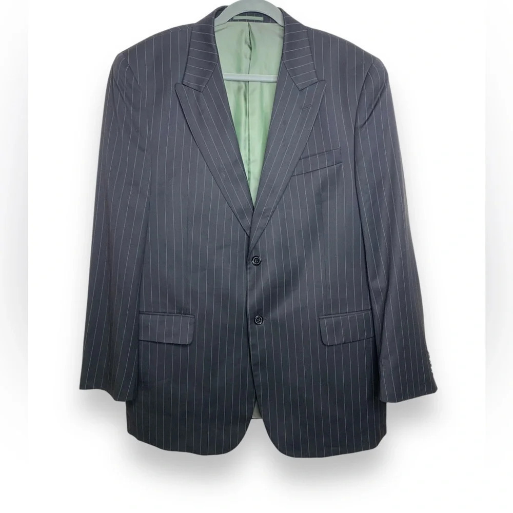 Vintage Massimo Moda Black Green Pinstriped Rayon Blend Mens Sport Coat Size 44